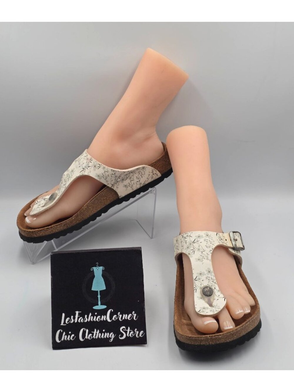 Birkenstock Papillio Womens White Gray Black Floral Gizeh Cork Sandals Sz 7 3964